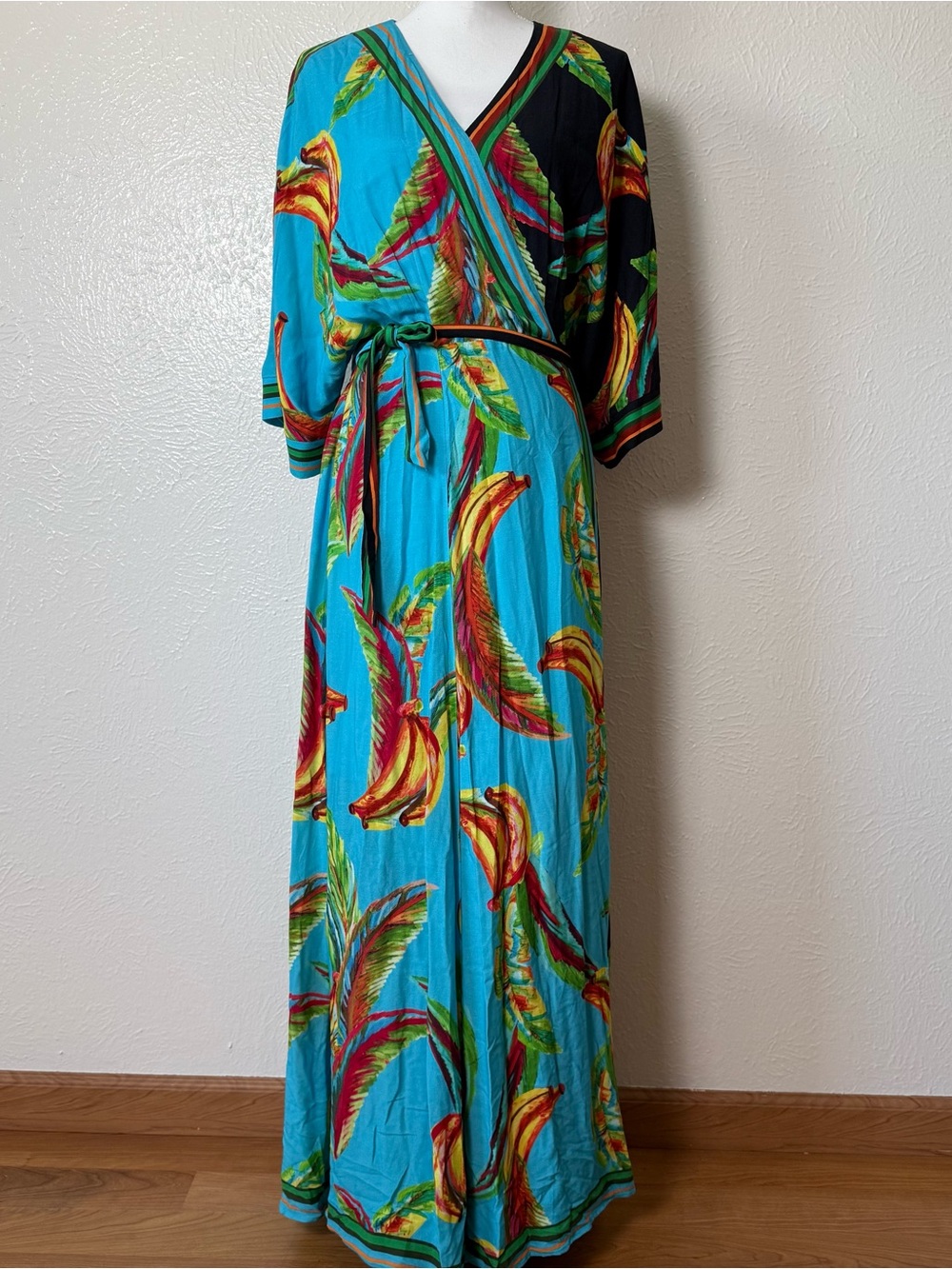 FARM Rio Turquoise Tropical Banana-Leaf Wrap Maxi Dress